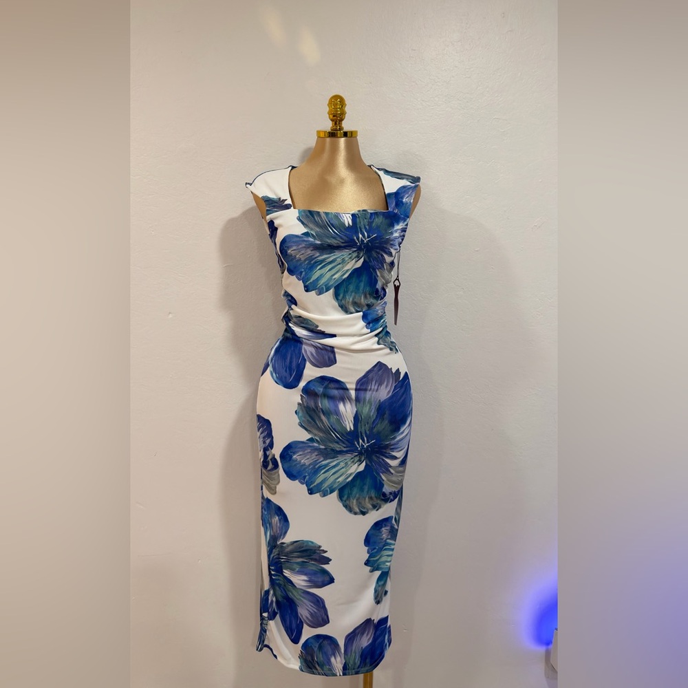 White Midi Dress with Blue Floral Print - Elegant Square Neckline